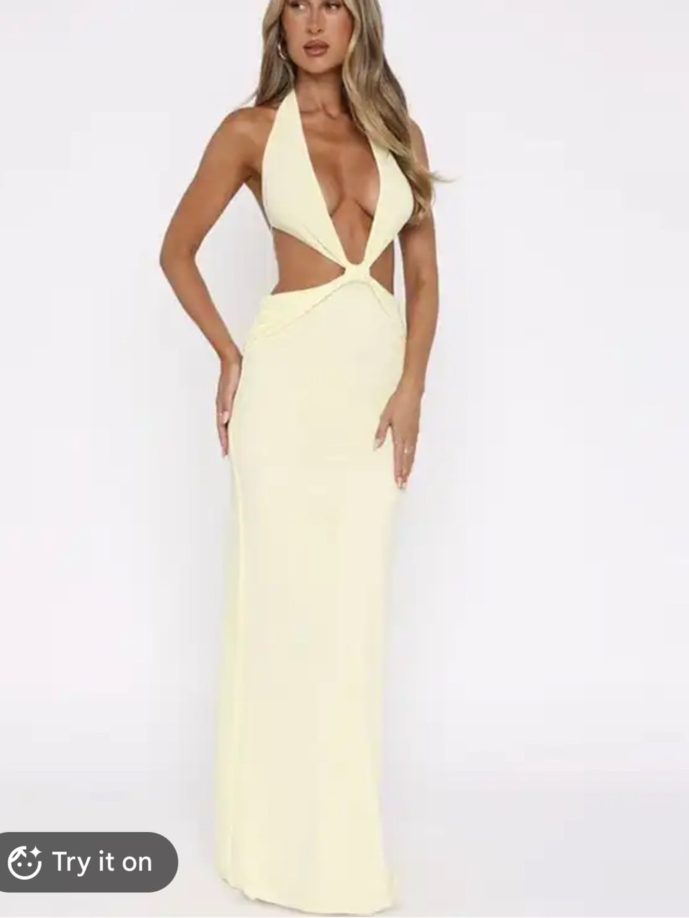 White Fox Boutique Pale Yellow Backless Plunge Maxi Dress